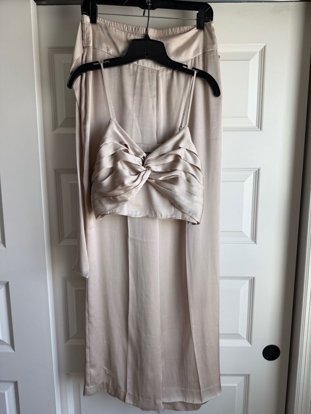 Express Satin Knot-Front Crop Top in champagne + wide leg pants